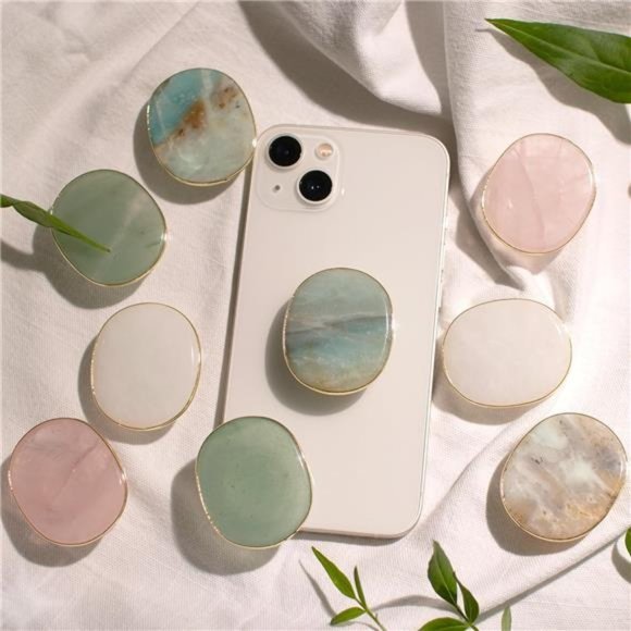 Authentic Natural Gemstone Oval Shape with Gold Edge Cellphone Grip Collapsible - Picture 5 of 8